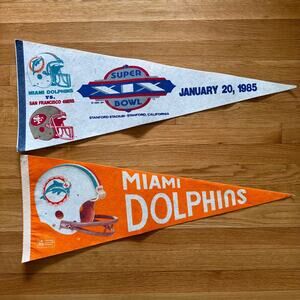Vintage NFL Miami Dolphins Felt Flag Pennants Set of 2 Superbowl 1985 Orange